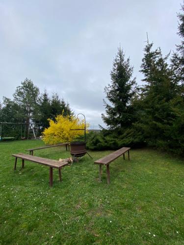 a park with two benches and a swing at Polana in Lipowiec