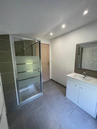 une salle de bain avec une douche en verre et un lavabo dans l'établissement Cabanon provencal Verdon, à Aups