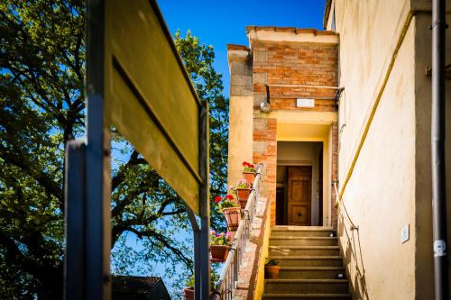 eine Treppe, die zu einem Gebäude mit Topfpflanzen führt in der Unterkunft Il risveglio del Poggio in Castiglione dʼOrcia