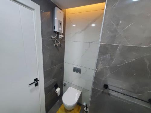 La salle de bains est pourvue d'une douche et de toilettes blanches. dans l'établissement Cozy Ghana Airport Studio at Kass Towers, à Accra
