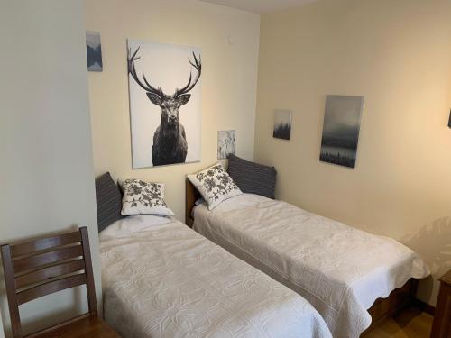 2 Betten in einem Zimmer mit einem Hirschbild an der Wand in der Unterkunft Studio 5 in Pirin Golf in Raslog
