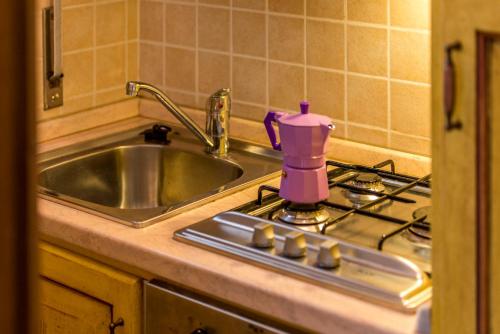 encimera de cocina con fregadero y cafetera rosa en Italianflat - Peschiera residence, en Peschiera del Garda