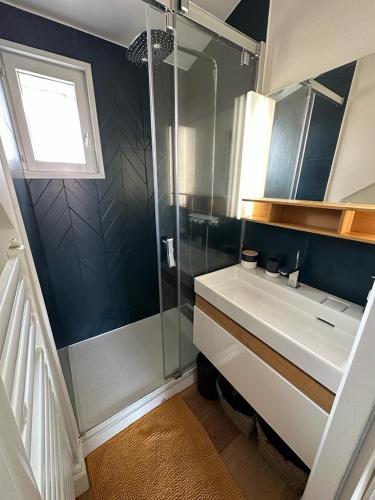 une salle de bain avec un lavabo et une douche dans l'établissement Superbe appartement plein centre de Biarritz, à Biarritz