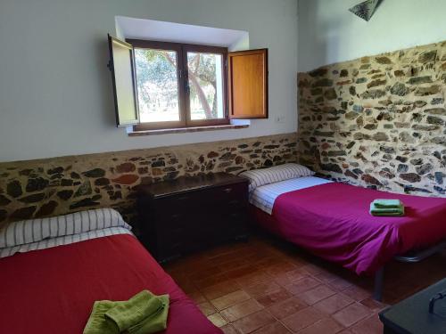 a room with two beds and a window at Casa Rural Ecológica Huerta del Pirata in Fuente de Cantos