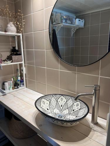 een wastafel in een badkamer met een spiegel bij Ryttaretorpet in Vellinge