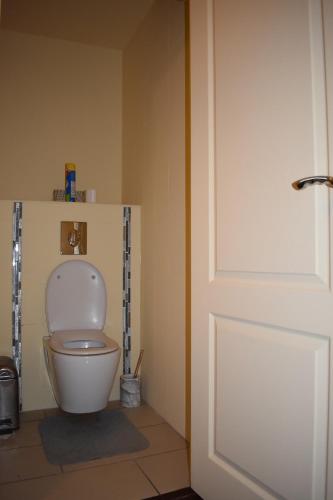 La salle de bains est pourvue de toilettes et d'une porte. dans l'établissement Villa FOCH - Maison familiale à 20 min de Paris, Disney et la Vallée Village avec balcon et jardin privatif, à Saint-Maur-des-Fossés