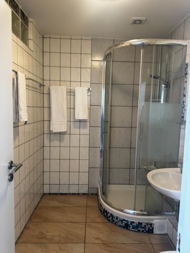 ein Bad mit einer Dusche und einem Waschbecken in der Unterkunft Central Hotel in Offenbach