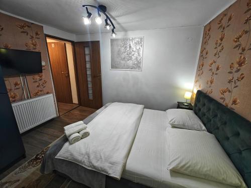 a bedroom with a large bed with two towels on it at Casa Miclau in Băile Herculane