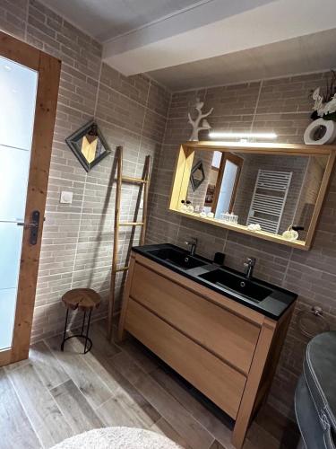 une salle de bain avec un lavabo et un miroir dans l'établissement Baie de somme en liberté, à Chépy