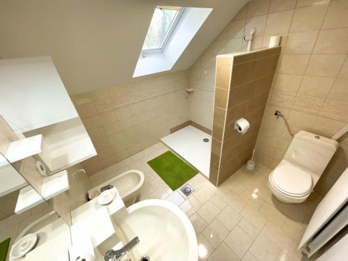 La salle de bains est pourvue de toilettes blanches et d'un lavabo. dans l'établissement Apartment Zupan, à Preddvor