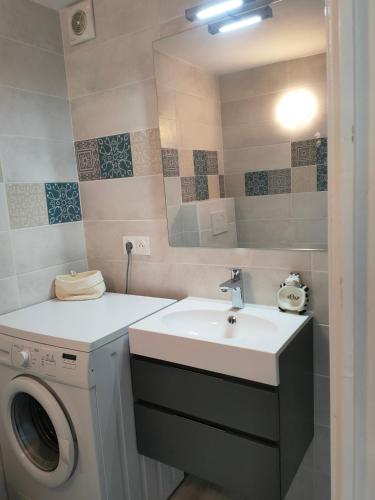 une salle de bain avec une machine à laver et un lavabo dans l'établissement Les Arbousiers, à La Croix-Valmer