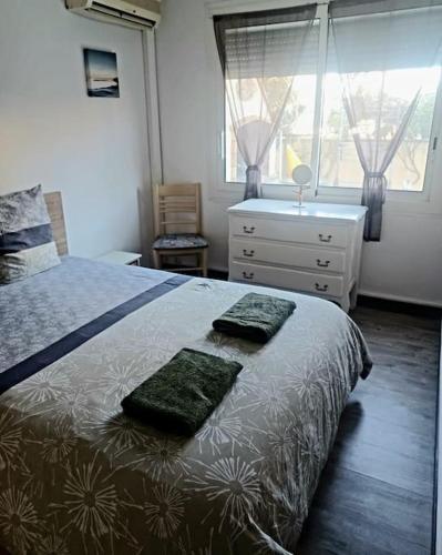 une chambre avec un lit, une commode et une fenêtre dans l'établissement Appartement 2 chambres, avec terrasse/parking, à Palavas-les-Flots