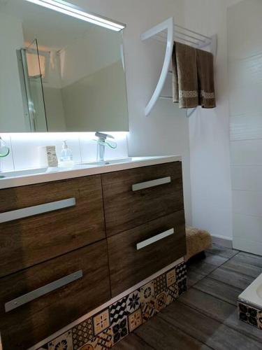 une salle de bain avec un lavabo et un miroir dans l'établissement Appartement 2 chambres, avec terrasse/parking, à Palavas-les-Flots