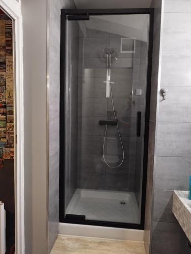 une douche avec une porte vitrée dans une salle de bain dans l'établissement Maison, à Argenteuil