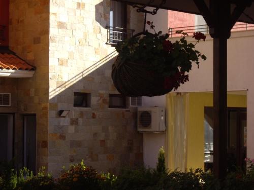 a basket of flowers hanging from the side of a building at Relaks w Marina Cape 88 in Aheloy
