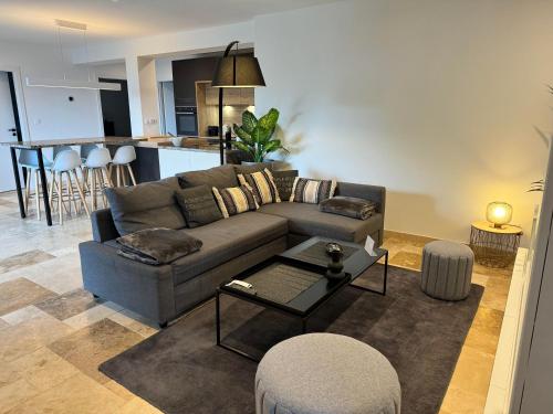 un salon avec un canapé et une table dans l'établissement Les Hutins, à Gex