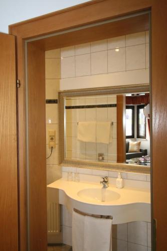 a bathroom with a sink and a mirror at Hotel Trapp in Rüdesheim am Rhein