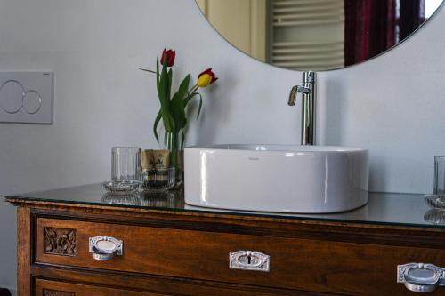 encimera con lavabo y espejo en Bed & Breakfast Barbera e Tulipani, en Scandeluzza