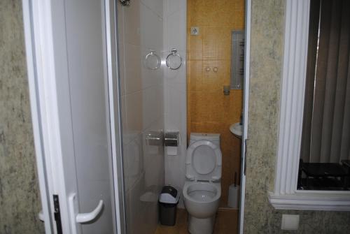 uma pequena casa de banho com WC e chuveiro em SWEETHOSTEL em Tbilisi