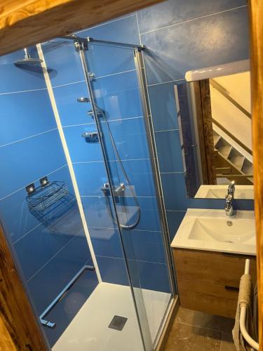 une douche en verre dans une salle de bain avec un lavabo dans l'établissement CASA KILMAINE, à Tarascon