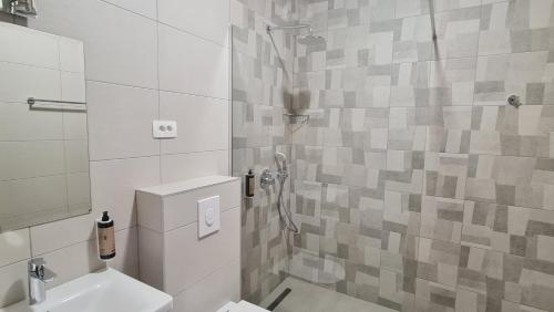La salle de bains est pourvue d'une douche, de toilettes et d'un lavabo. dans l'établissement Hotel Laguna, à Podgorica