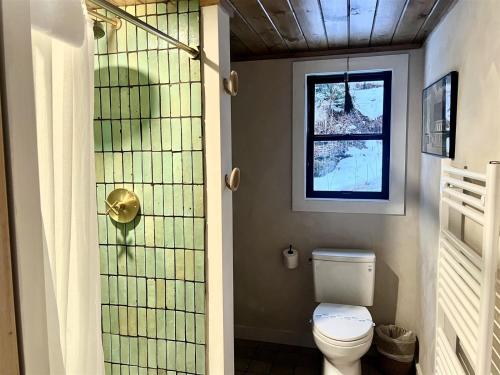 a bathroom with a toilet and a glass shower at West Branch 75, Waterville Valley in Waterville Valley