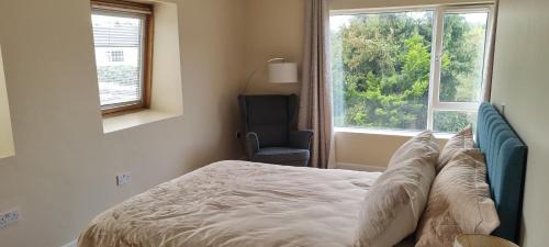 ein Schlafzimmer mit einem Bett, einem Fenster und einem Stuhl in der Unterkunft Pinewood Lodge in Cork