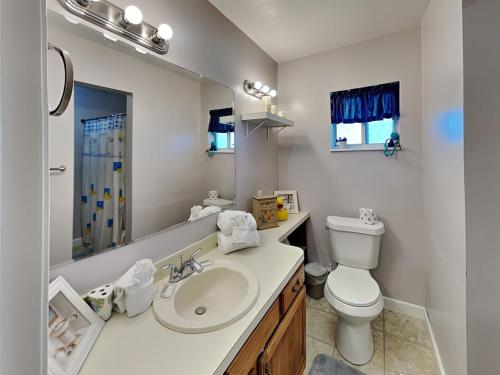 ein Badezimmer mit einem Waschbecken, einem WC und einem Spiegel in der Unterkunft Country Charmer in Sevierville