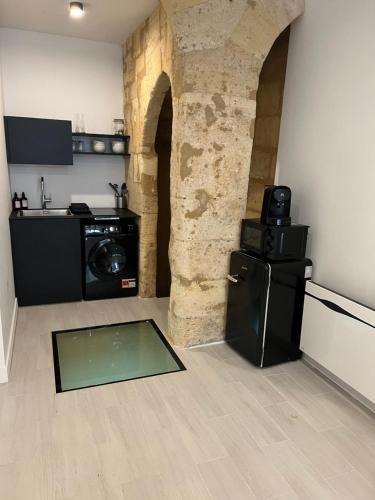 une cuisine avec un réfrigérateur dans une pièce avec un mur en pierre dans l'établissement Duplex Atypique, à Bordeaux