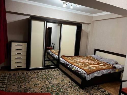 a bedroom with a bed and a large mirror at City Center Apartment in Tashkent