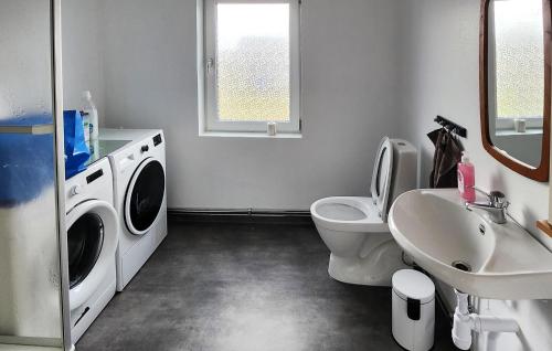 ein Badezimmer mit einer Waschmaschine, einem WC und einem Waschbecken in der Unterkunft Pet Friendly Home In Borgholm With Wifi in Borgholm