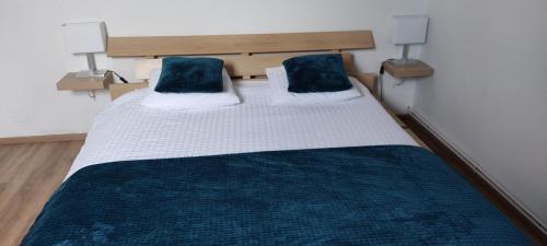 ein Schlafzimmer mit einem Bett mit zwei blauen Kissen in der Unterkunft Le presbytère in Saint-Julien-lès-Montbéliard