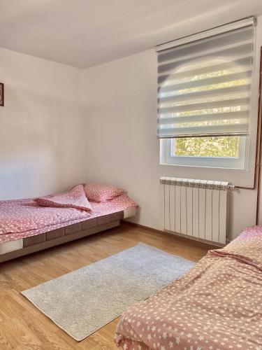sypialnia z 2 łóżkami i oknem w obiekcie Apartman Konatar w mieście Cetynia