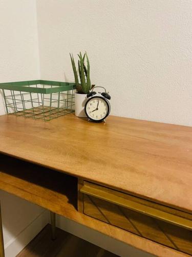 a clock sitting on top of a table with a plant at 1BR 1 BA near Carl Health and OSF in Pekin