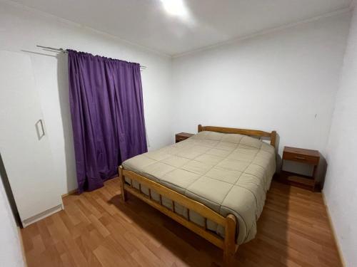 a bedroom with a bed and a purple curtain at Paraíso del Valle in Ovalle
