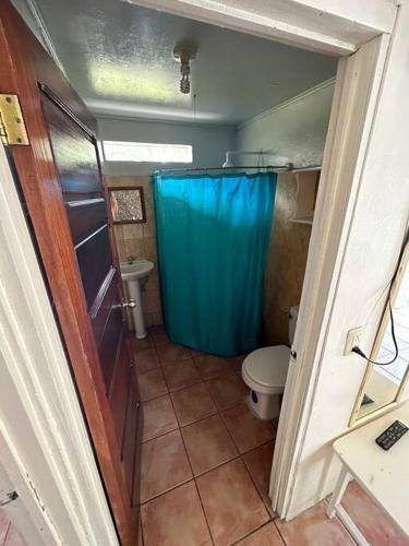 een badkamer met een toilet en een blauw douchegordijn bij Villa 8 personas in Puntarenas