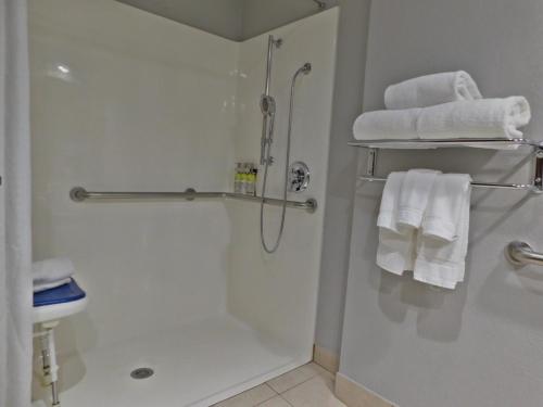 a bathroom with a shower and a toilet and towels at Holiday Inn Express Cleveland Downtown, an IHG Hotel in Cleveland