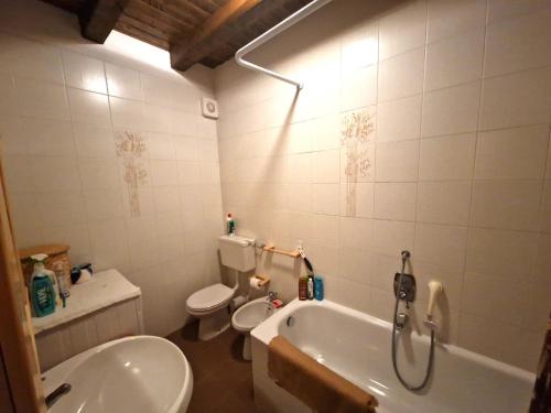 ein Badezimmer mit einem WC und einer Badewanne in der Unterkunft Splendida Carezza in Karersee