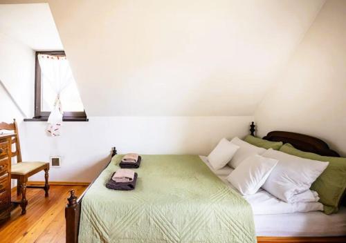 een slaapkamer met een bed met een groene deken bij Hereczówka in Laskówka
