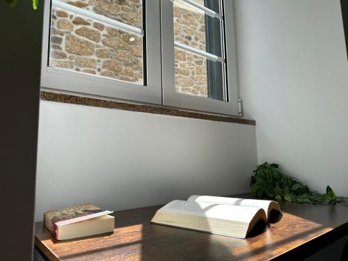 two books sitting on a table under a window at Ferreira House in Seia