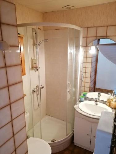 une salle de bain avec une douche, des toilettes et un lavabo dans l'établissement La Franqui Appartement cozy deux chambres, à Leucate