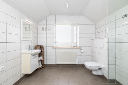 a white bathroom with a toilet and a sink at Guesthouse Rauðafell in Holt