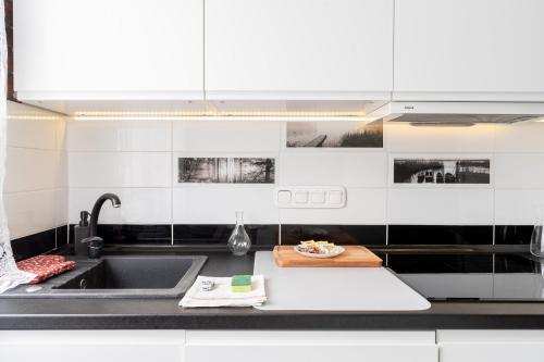 cocina con fregadero y encimera en Osiedle Avia Modern Apartment, en Cracovia