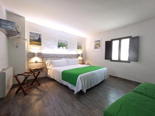 サアラ・デ・ラ・シエラにあるCasa Hotel LA JARANAのベッドルーム1室(大型ベッド1台、緑の毛布付)