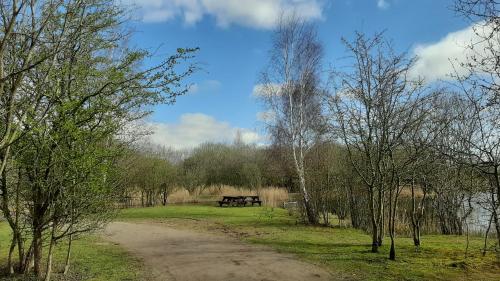 a dirt road in a field with a bench in the distance at The Salsa, 38 Sunset View in Crowle