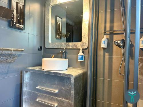 ein Bad mit einem Waschbecken, einem Spiegel und einer Dusche in der Unterkunft Dos Torres Silver in Saragossa