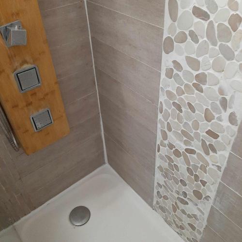 La salle de bains est pourvue d'une douche et d'un mur en pierre. dans l'établissement Studio climatise vue mer avec piscine, à Canet