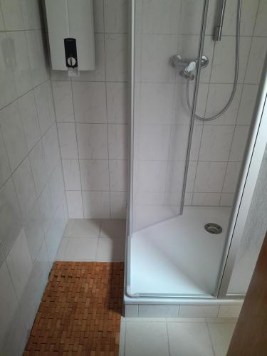 a bathroom with a shower with a glass door at MäuseScheune in Sankt Annen