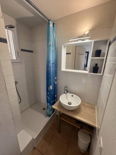 une salle de bain avec un lavabo et une douche dans l'établissement SAMARIA VILLAGE Joli appartement 5 personnes piscine à Rochelongue Cap d'Agde, au Cap d'Agde