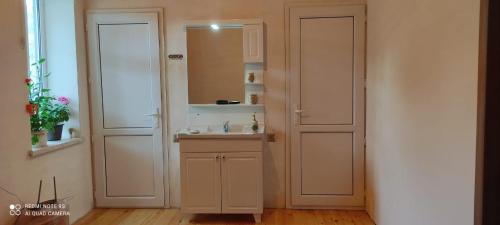 ein Badezimmer mit zwei Türen, einem Waschbecken und einem Spiegel in der Unterkunft Lerik Vista House in Lerik